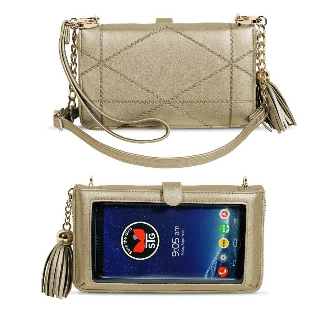 Touch Screen Cell Phone Purse Wallet, Gold Crossbody Bag with Clear Window